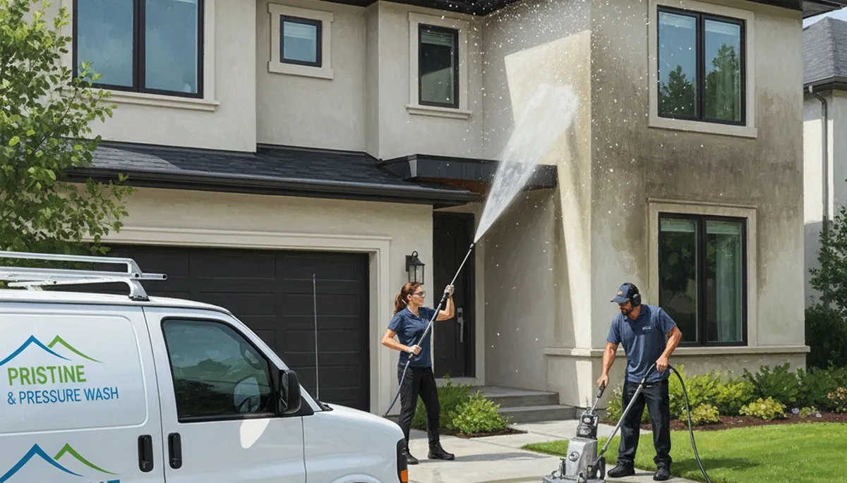 Pressure cleaning service in Flagstaff, AZ removing dust and pine debris from an exterior surface